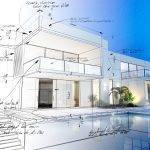 3D rendering of a luxurious pool with contrasting realistic rendering and wireframe and notes
