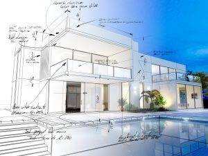 3D rendering of a luxurious pool with contrasting realistic rendering and wireframe and notes